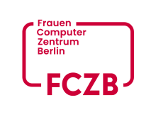 LOGO FCZB rote Schrift auf weiß: FrauenComputerZentrumBerlin e.V. (FCZB)